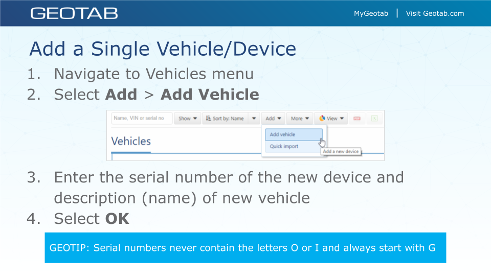 Geotab how-to guide showing how to add a vehicle or device