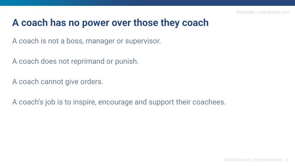 KCS coach training slide explaining that a coach has no power over those they coach