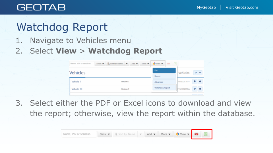 Geotab how-to guide showing how to access the Watchdog Report