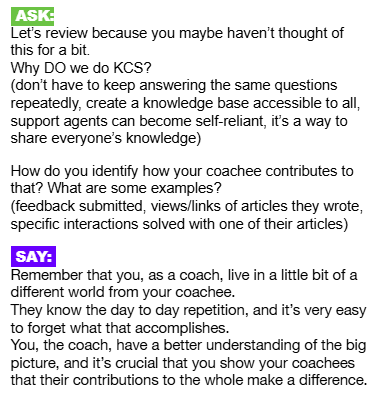 KCS coaching workshop slide asking coaches to focus on the big picture